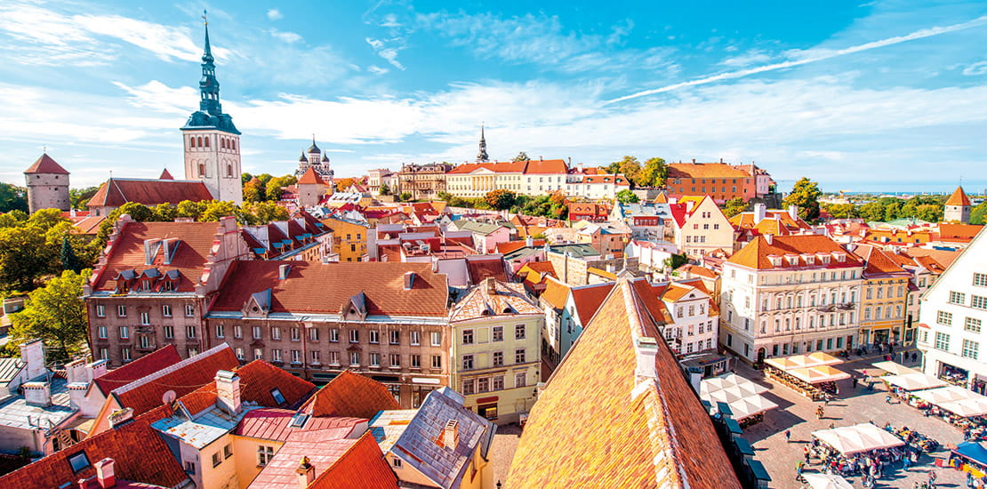 An aerial view over the rooftops of the city of Tallinn, Estonia